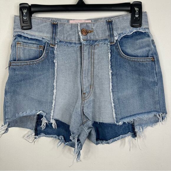 Revice Ziggy High Waisted Patchwork Frayed Denim Cut-Off Jean Shorts Size 26 - Picture 2 of 8